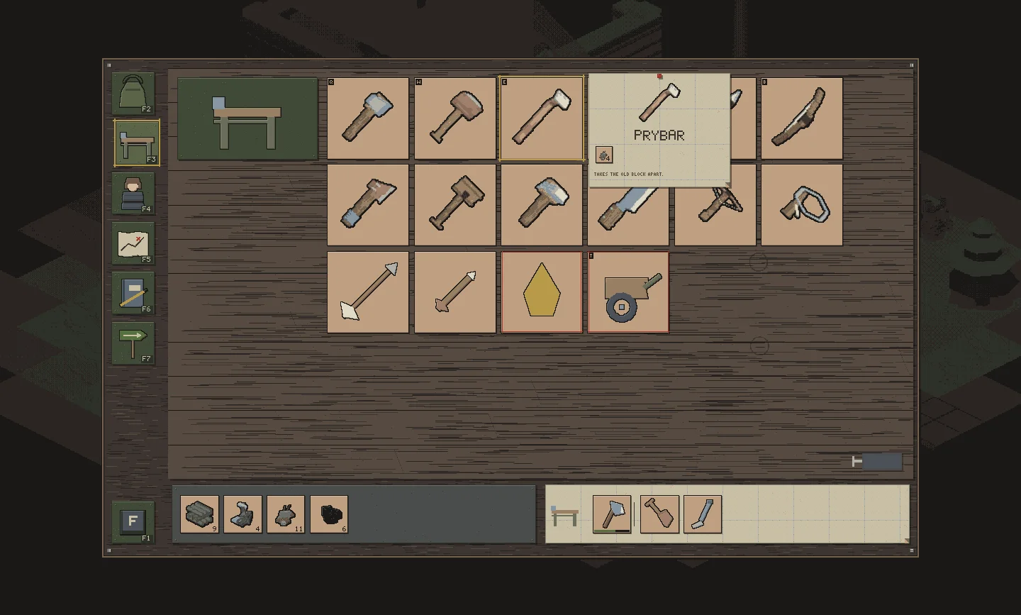 The workbench: tools as square tiles on a plywood board