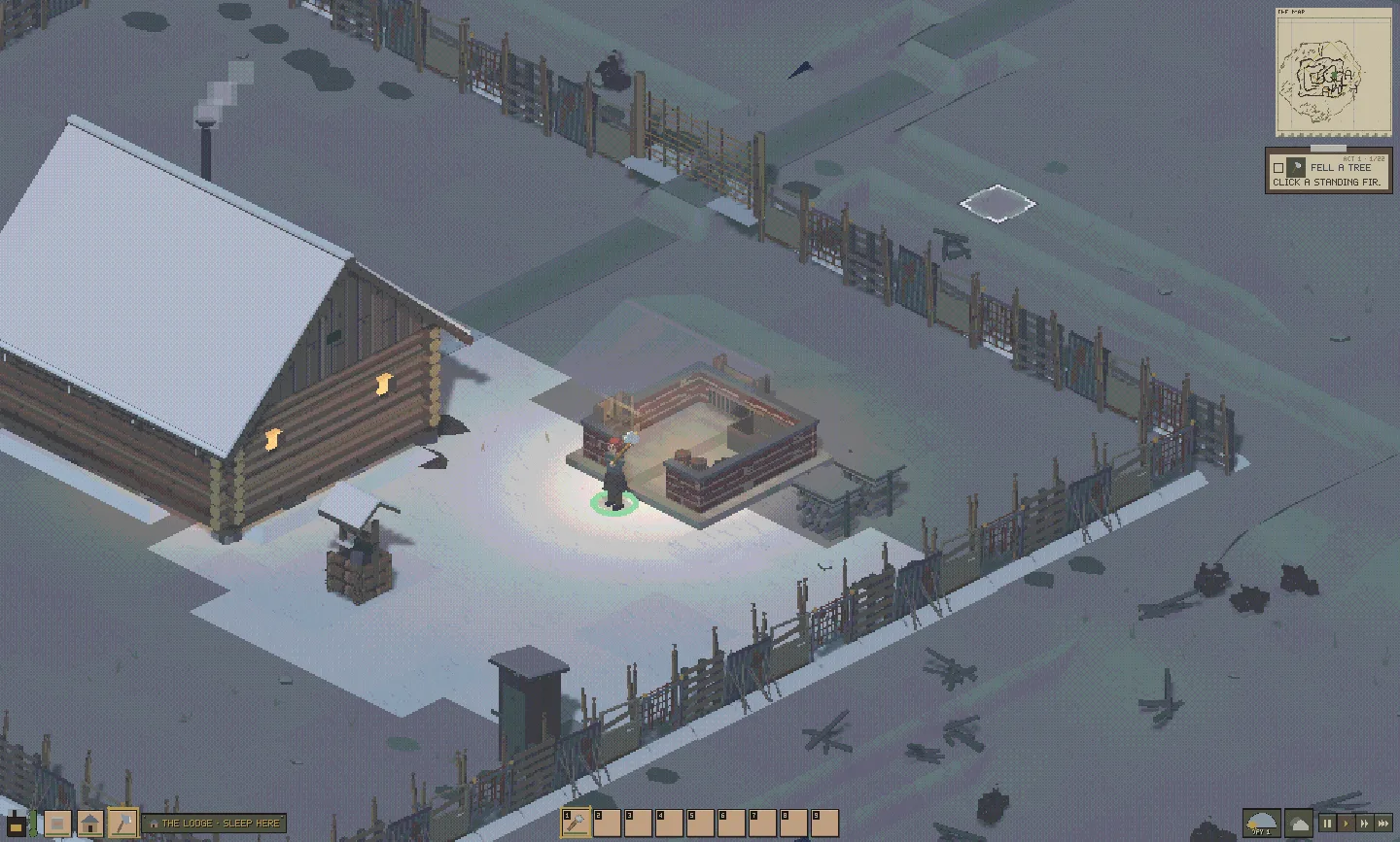 A log house and its yard under snow in daylight