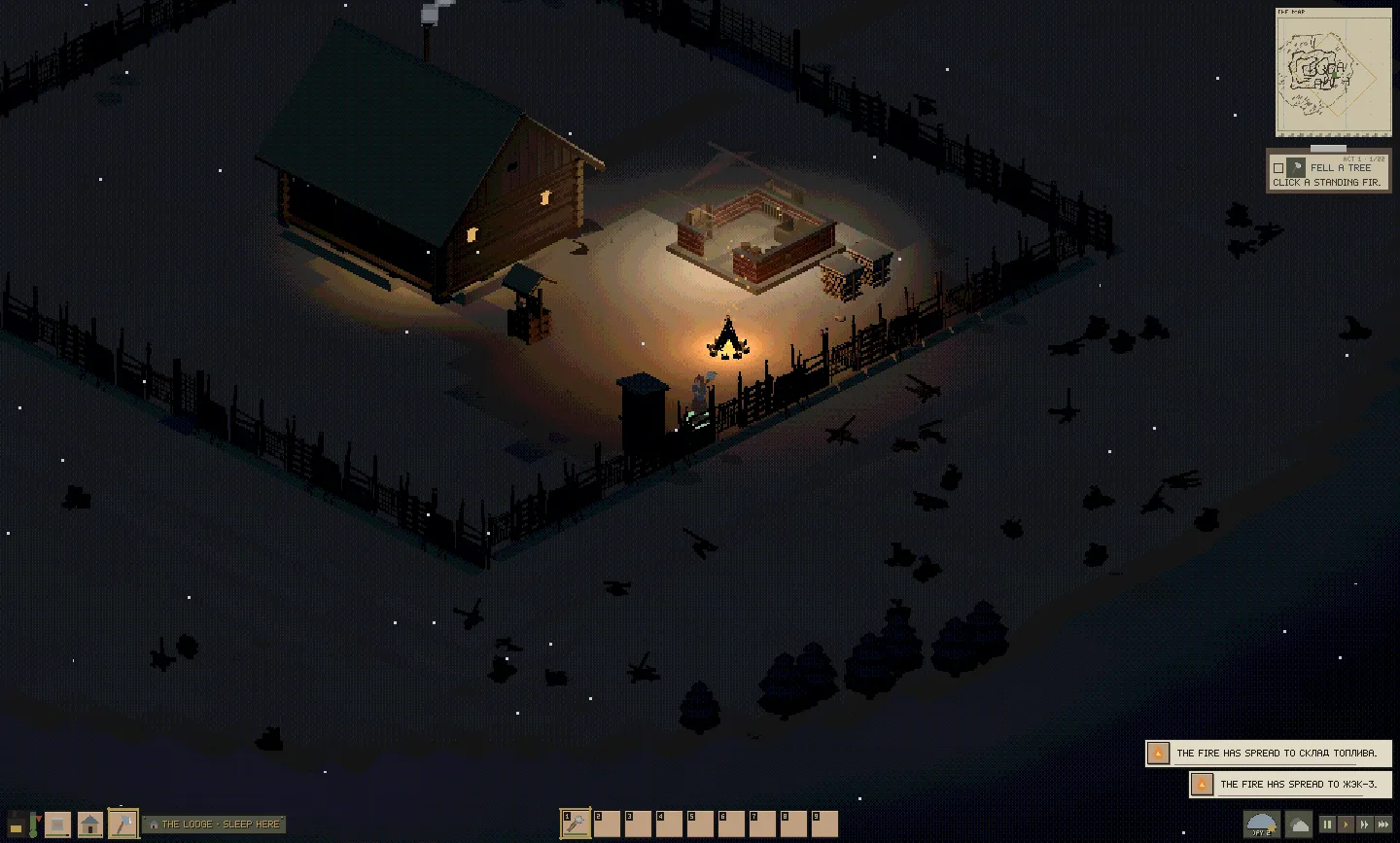 A log house in the snow at night, lit by one fire; everything past the light is black